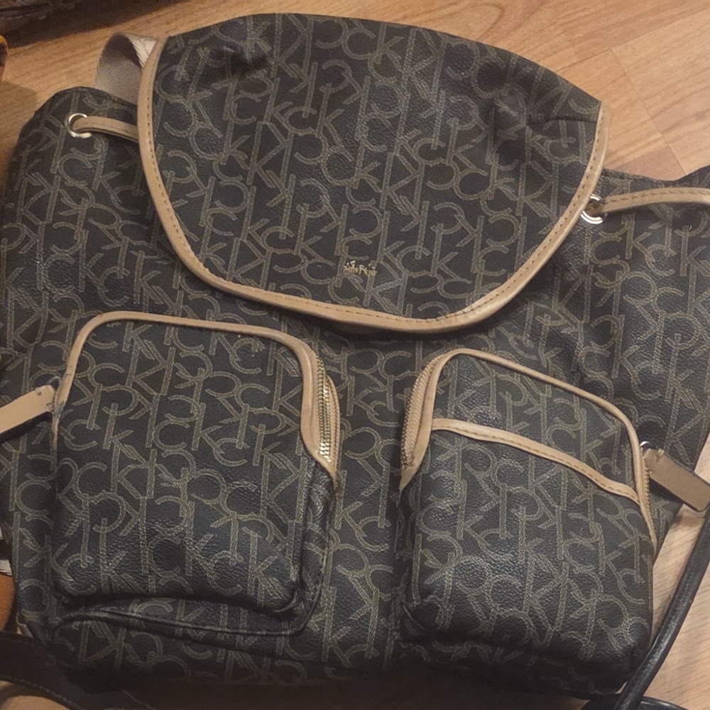 Calvin Klein Leather  Brown and Tan Monogram Backpack - Like New